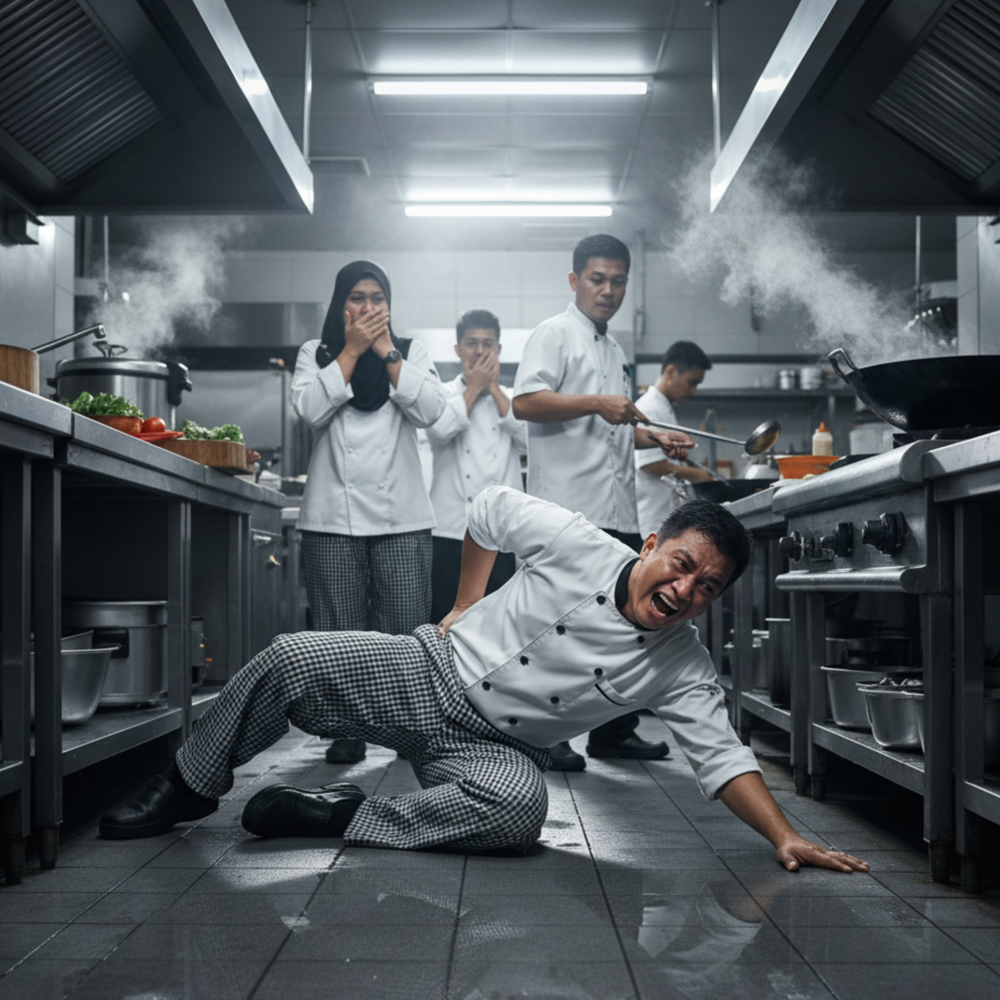 Chef falling in kitchen